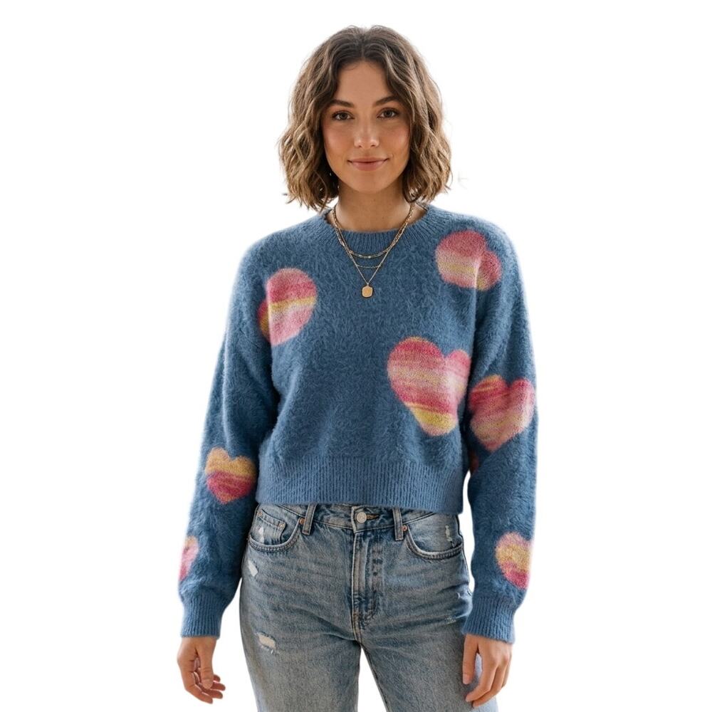 Listiele Womens Sweater M Blue Pink Heart Love Crop Soft Girl Preppy Cozy Comfy